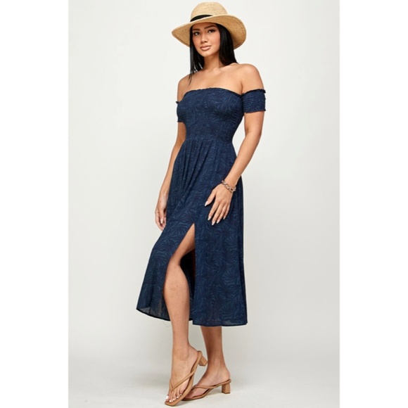 SOLD OUT Navy Leaf Floral Print Smocked Off The Shoulder Casual Summer Dress - Picture 4 of 6